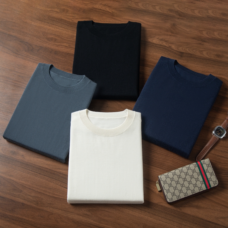 高档质感-100%男士纯山羊绒精纺圆领套头长袖中针织打底衫毛衣