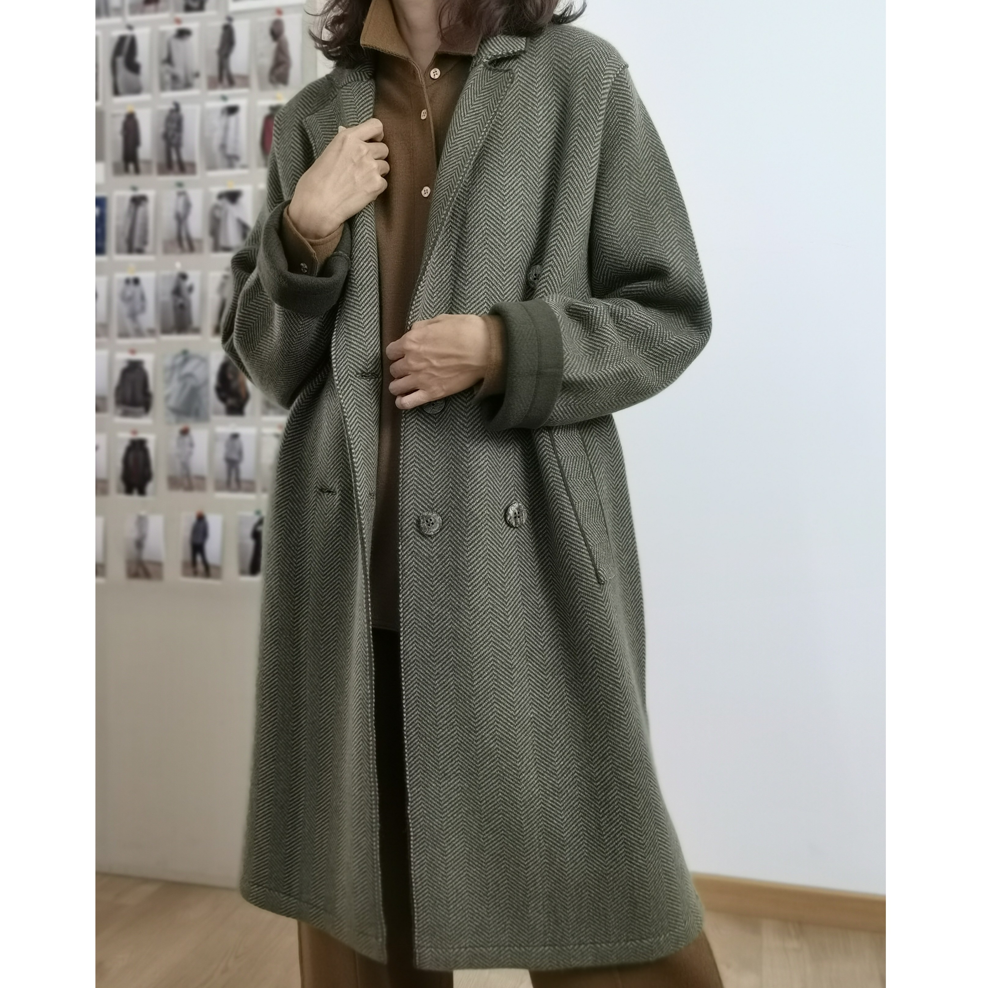 原创重磅西装领人字纹纯山羊绒长款大衣女