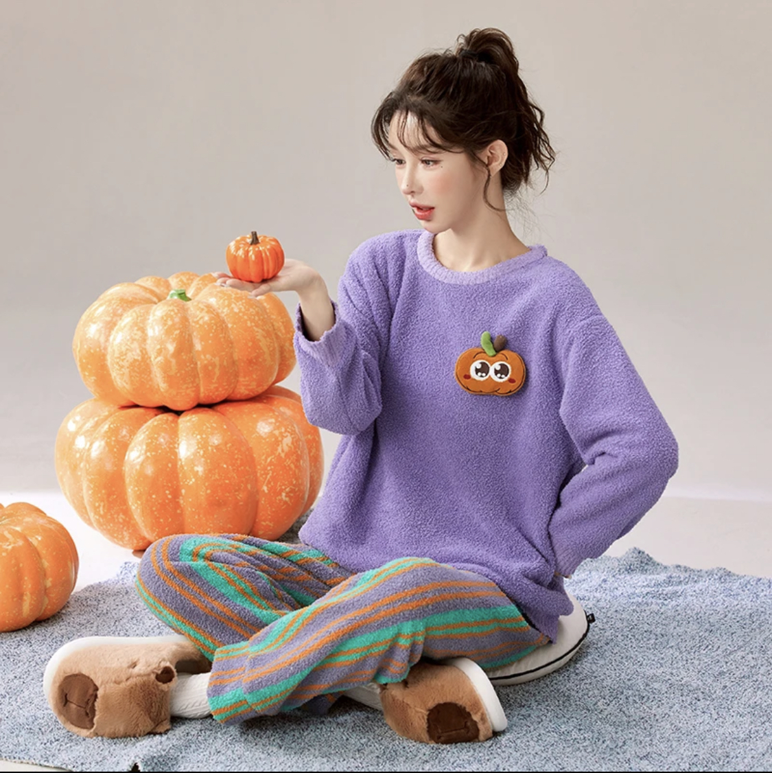 软绵绵睡衣女秋冬半边绒圆领大码家居服春秋长袖套装可外穿新款