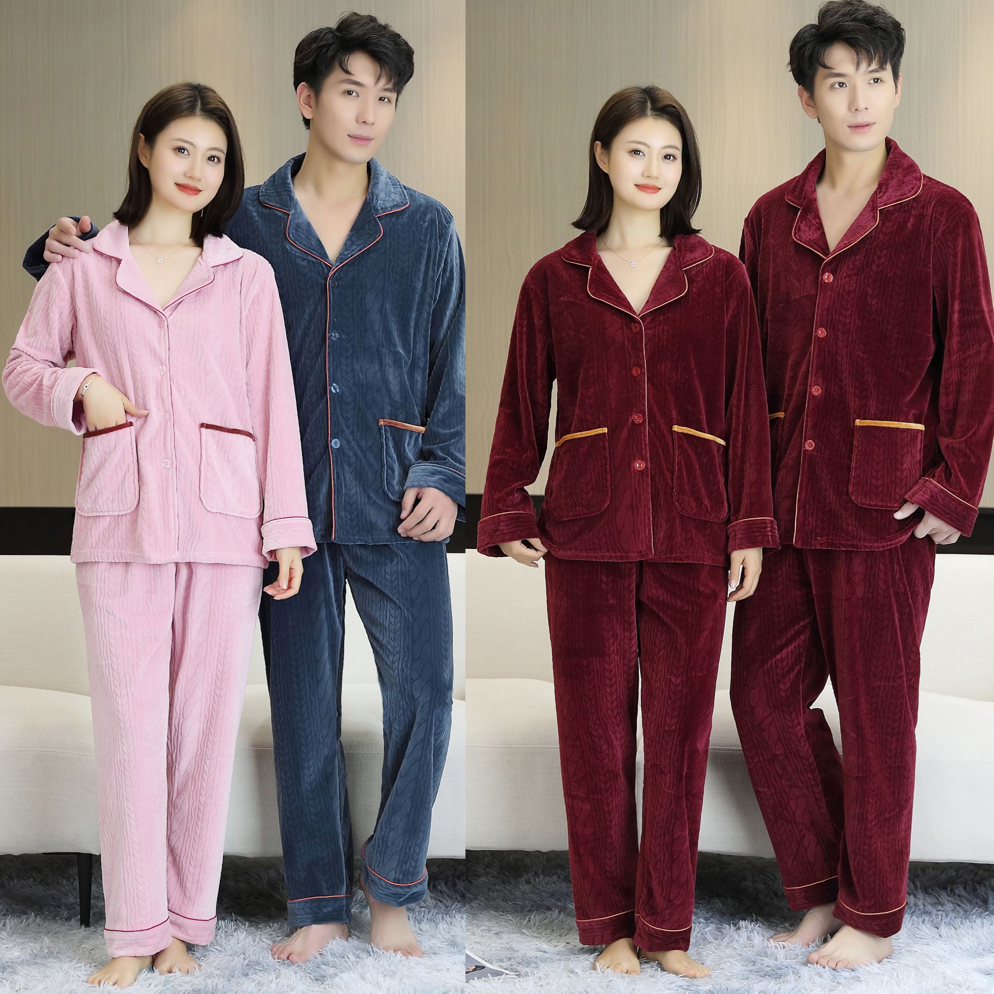 秋冬时尚新款男女同款海岛绒加绒加厚睡衣冬款家居服套装