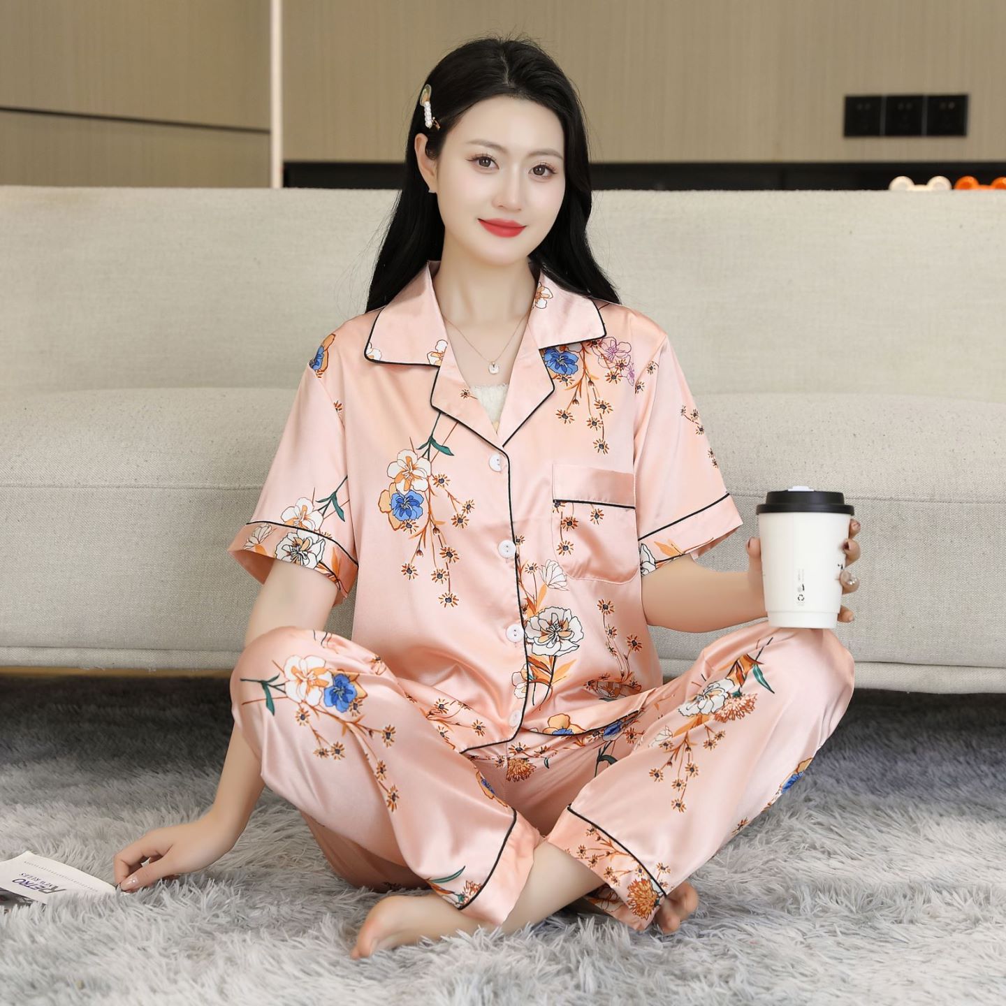 2024夏季女款新款短袖长裤冰凉丝滑睡衣家居服套装