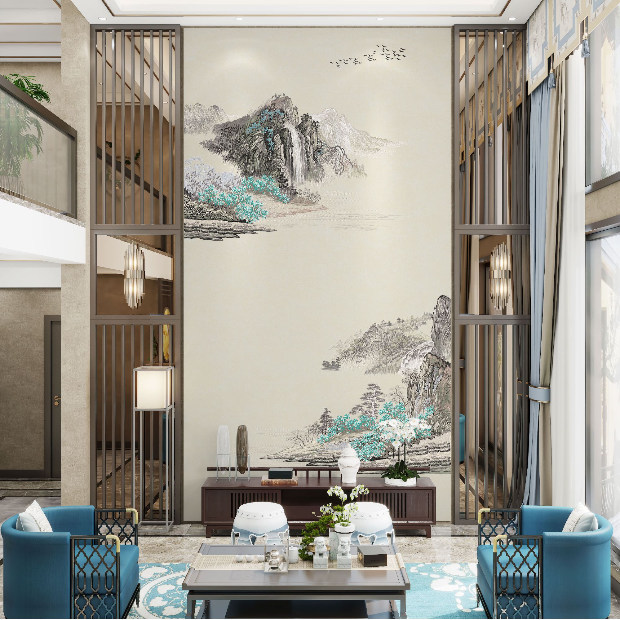 飘渺仙川 新中式刺绣挑高背景 沙发背景 复式背景 大玄关背景