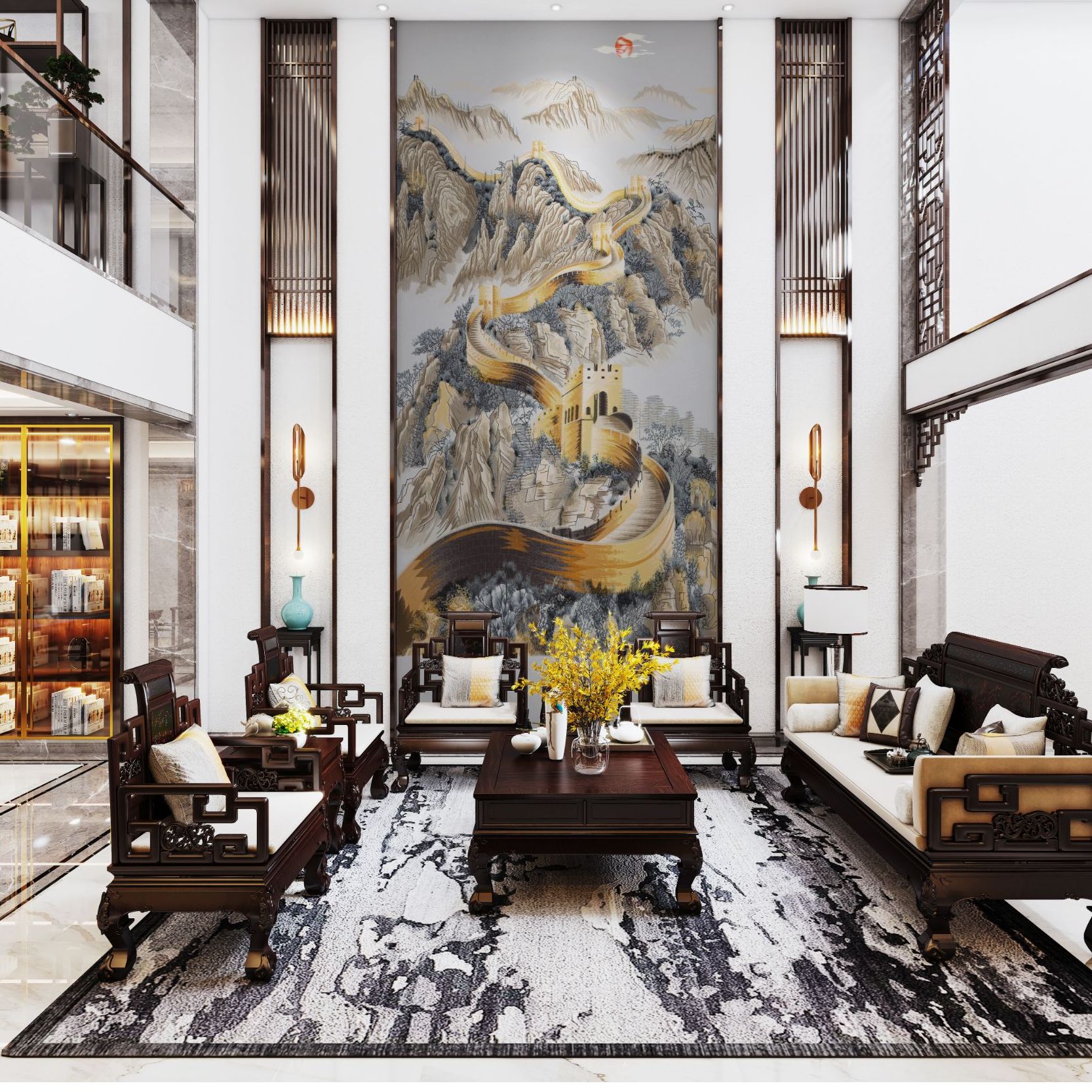 气势磅礴 高端定制背景 刺绣挑高背景 沙发背景 复式玄关背景