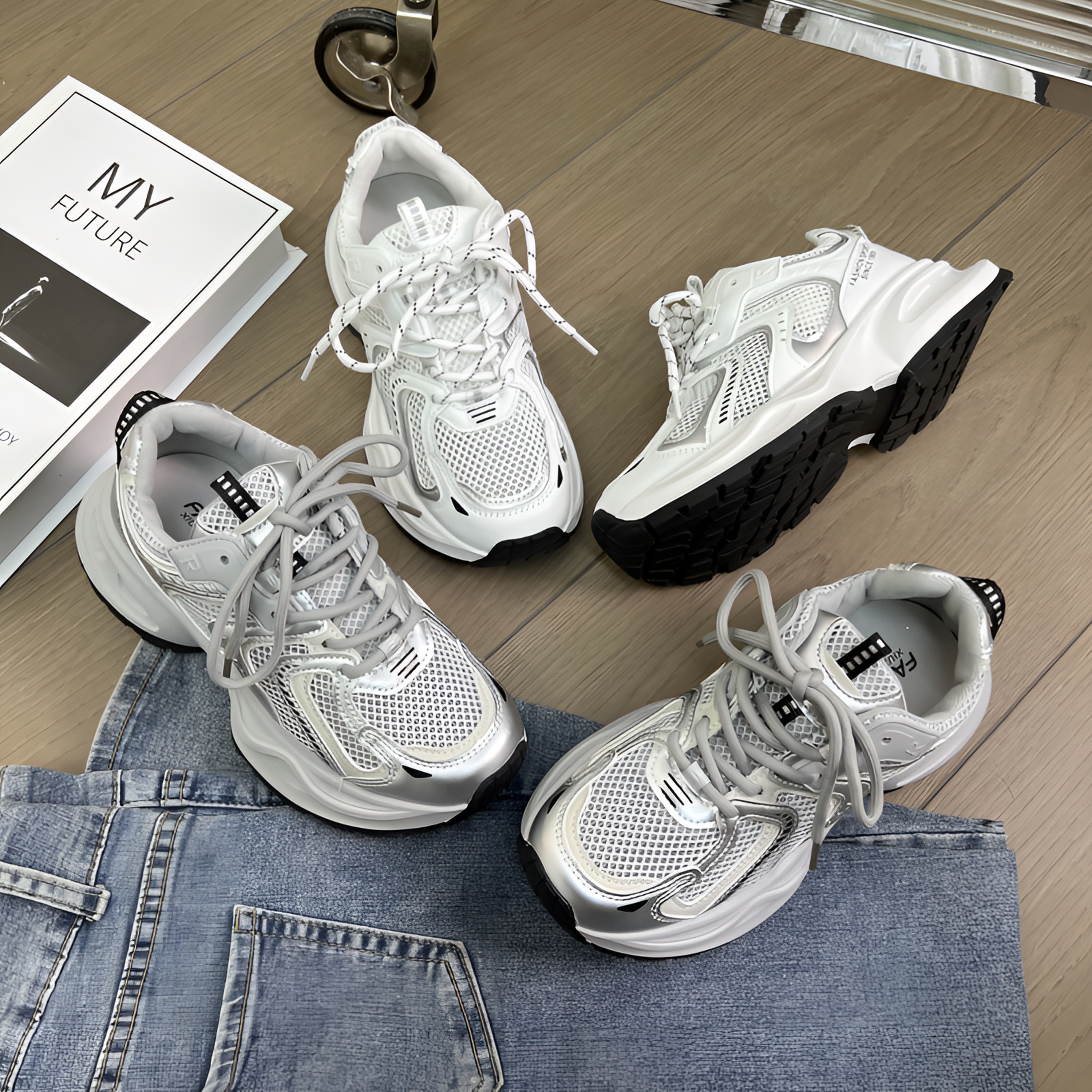 银色老爹鞋女2025秋冬新款厚底女款网面透气轻便款运动休闲鞋女