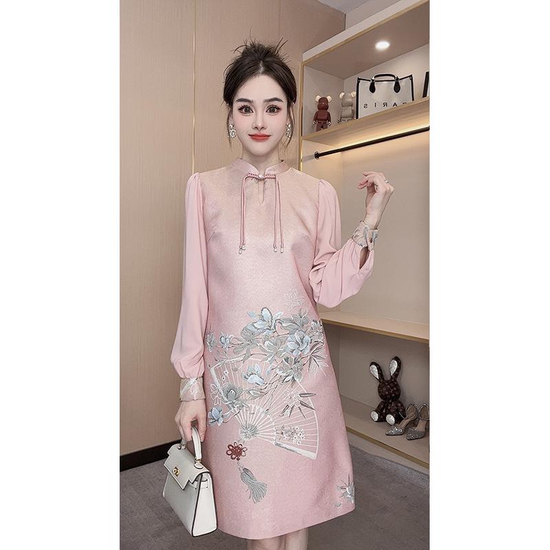 【现货】春季新款显瘦气质中式中长款中国风立领流苏宽松长袖连衣裙