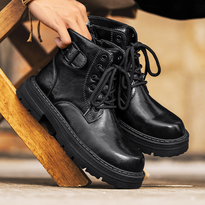 二层牛皮马丁靴男真皮秋冬美式高街侧拉链骑行机车工装黑色皮靴子