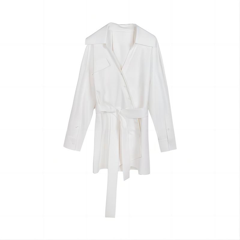 FORNI百搭短款设计感衬衫收腰长袖连衣裙白色休闲腰带衬衫裙