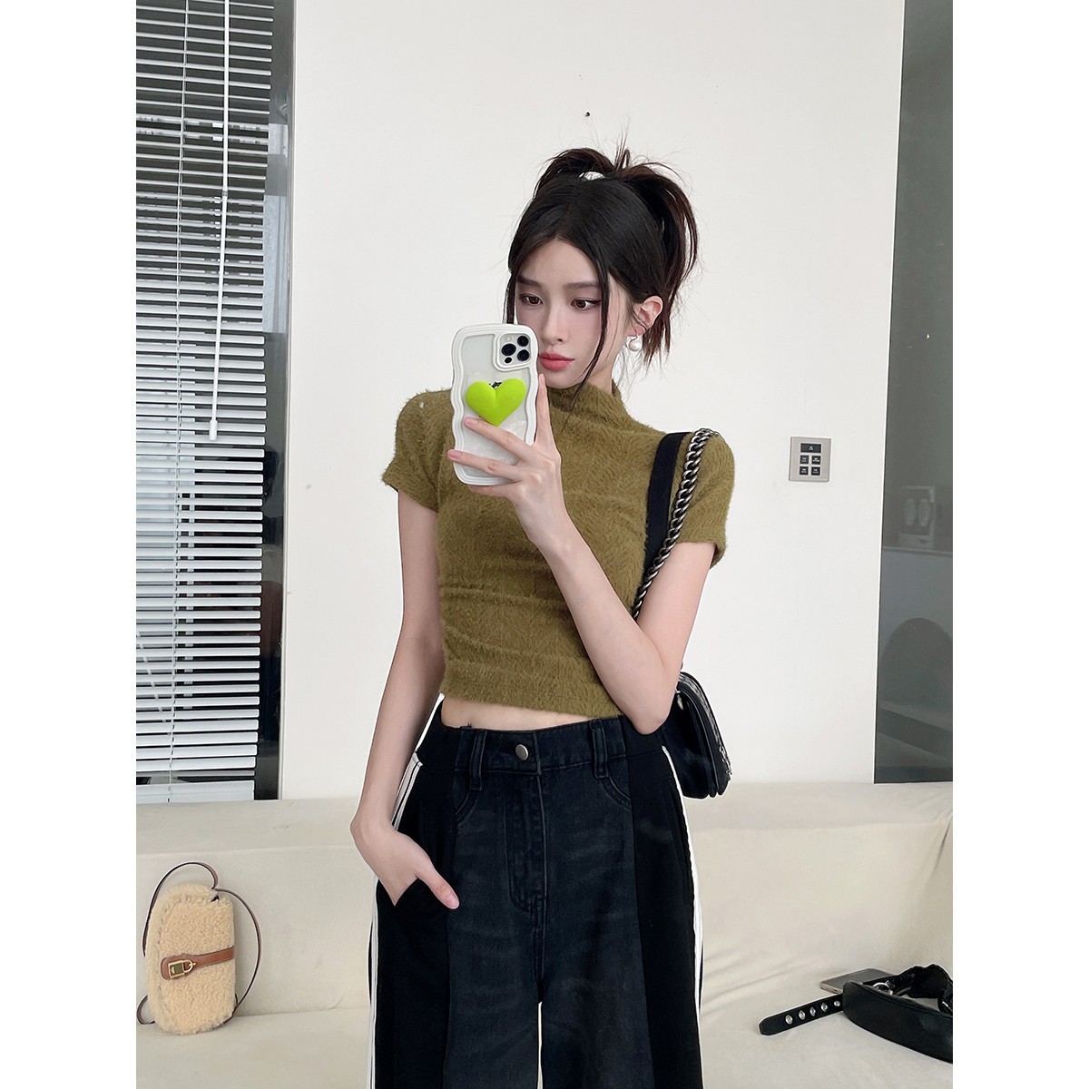 FORNI 矜贵系辣妹 半高领毛毛短袖上衣针织衫时尚百搭洋气