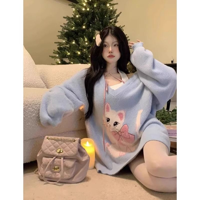 韩系慵懒风软糯v领挂脖猫咪毛衣女秋冬仿貂毛蓝色宽松针织衫上衣