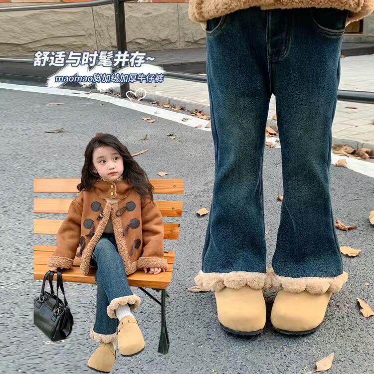 女童冬季加绒牛仔裤秋冬季女宝宝微喇裤保暖加厚儿童时尚休闲裤子