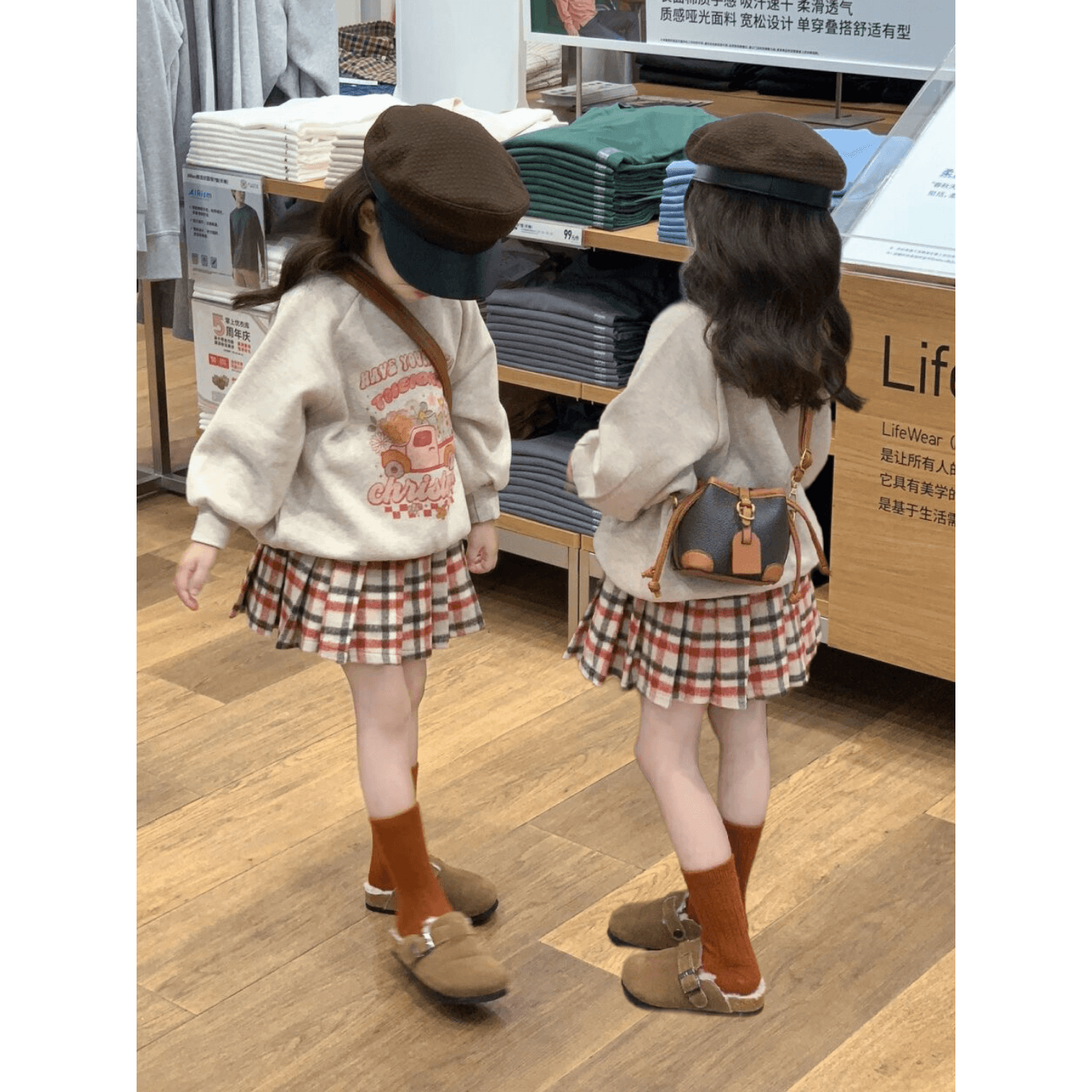 韩国儿童套装春秋印花加绒卫衣女童洋气时髦格子百褶裙半裙两件套