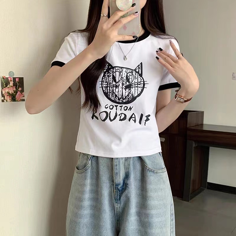 E4037【新款】猫咪卡通印花设计感别致短款辣妹短袖