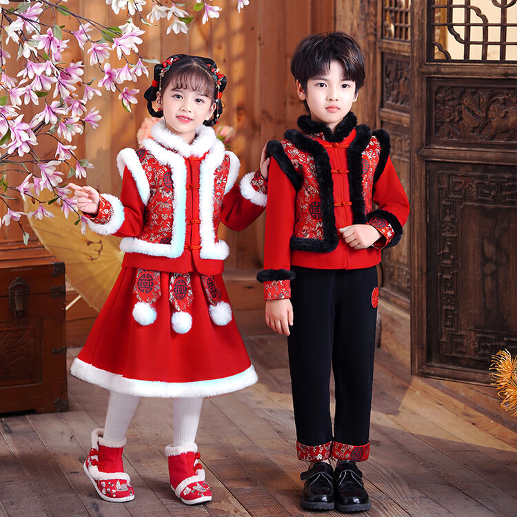 儿童汉服秋冬女童国学服中国风唐装男童加绒加厚拜年服宝宝红色