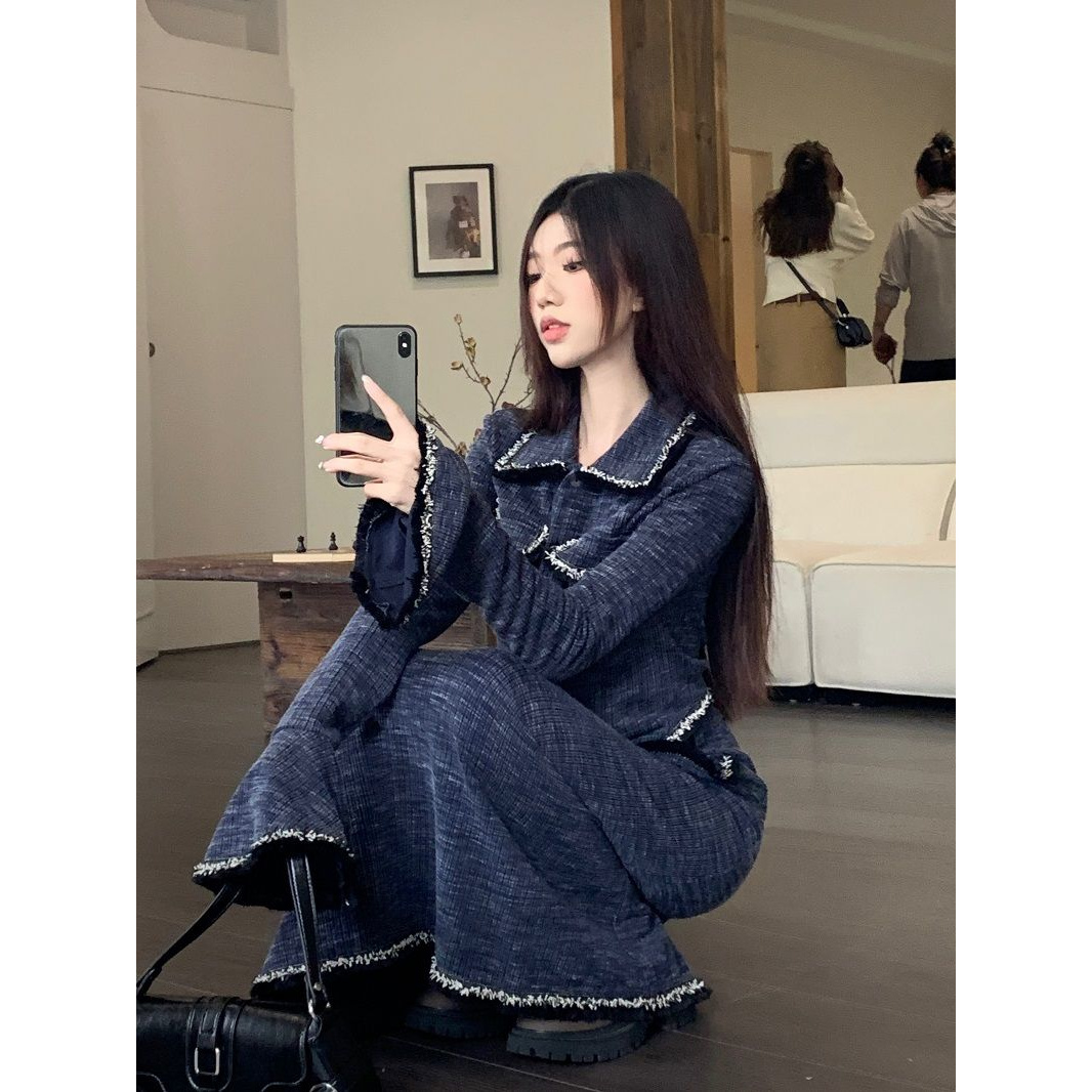 法式气质套装女长袖针织衫上衣秋季高腰半身裙包臀裙小香风两件套