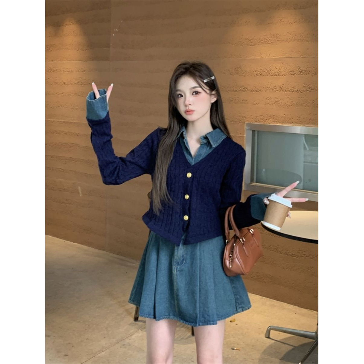 甜美可爱时尚套装女假两件牛仔拼接长袖毛衣秋季高腰半身裙两件套