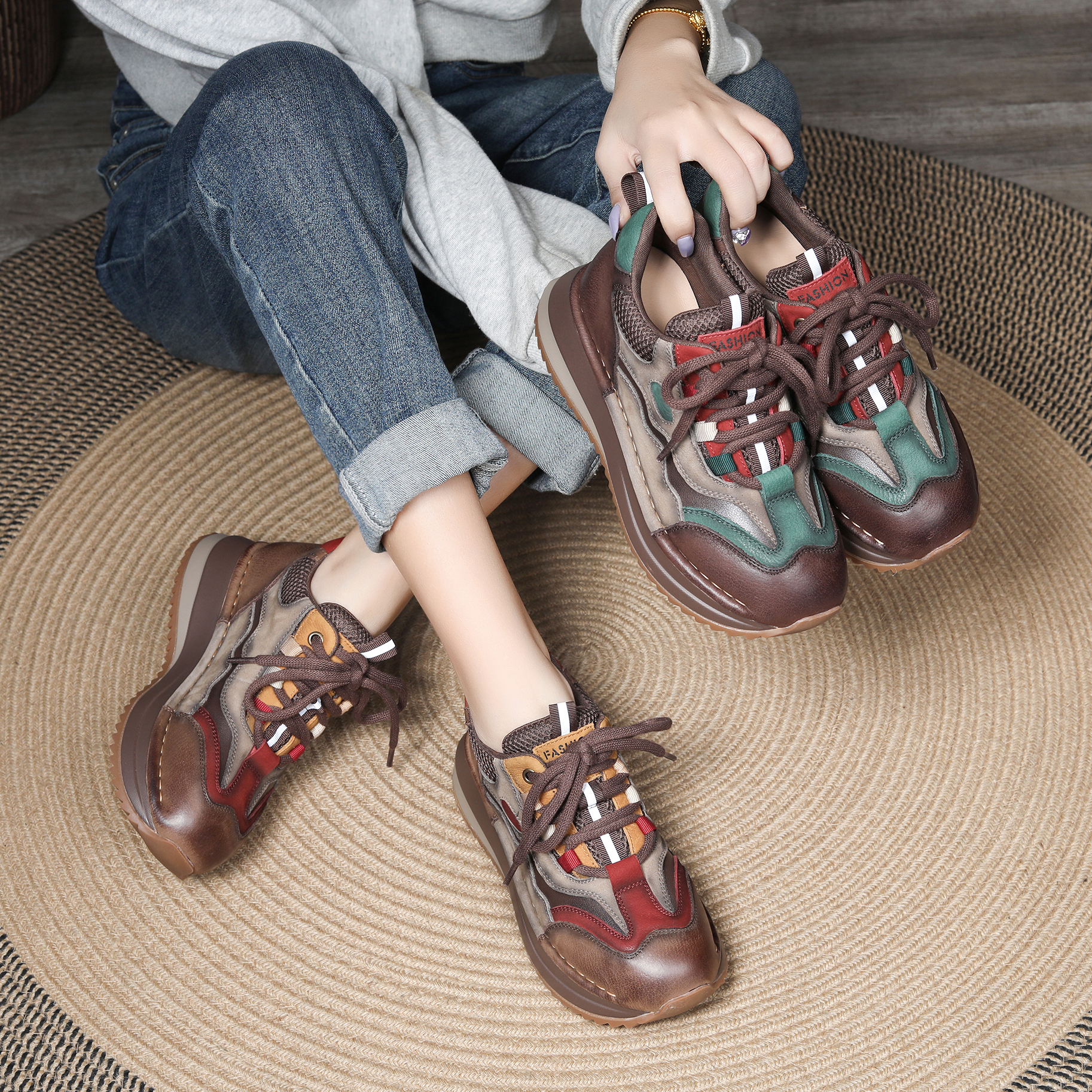 2024新款头层牛皮复古拼色休闲鞋厚底阿甘鞋轻便真皮四季单鞋女