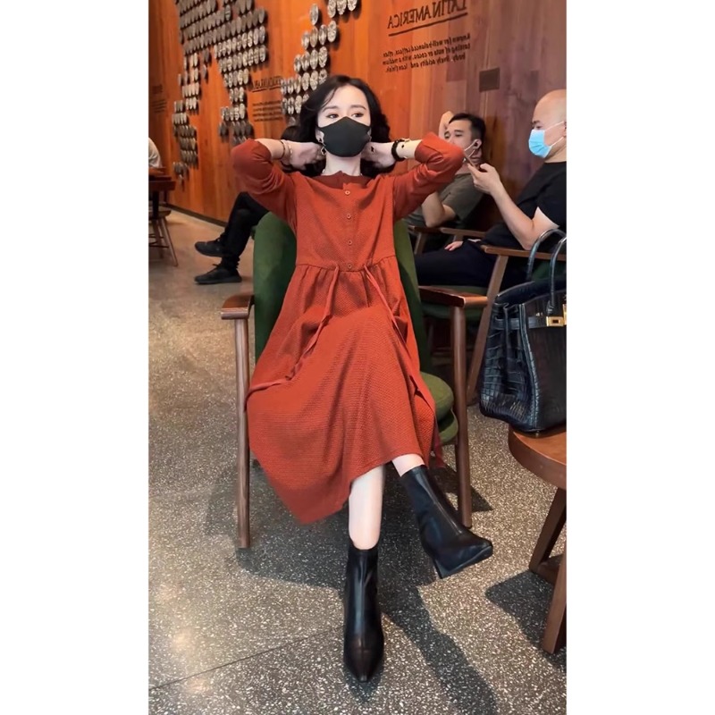QDA5132早秋新款法式气质女神范漂亮时尚洋气长袖红色连衣裙子女