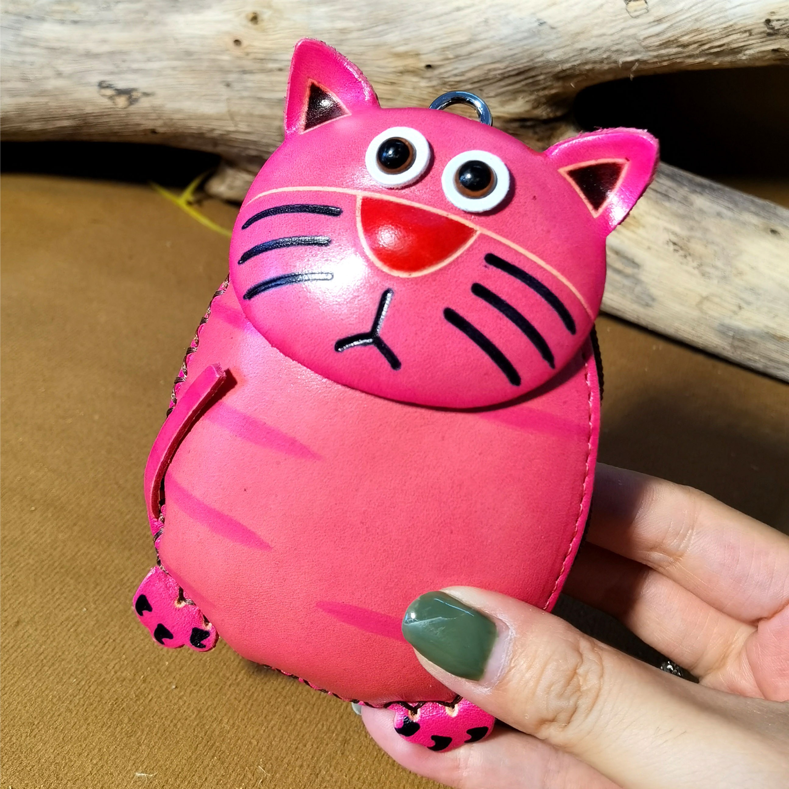 火不火  头层牛皮小号粉色猫猫小众毛绒时尚动漫零钱包紫色钥匙包