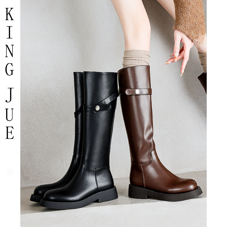 【王爵】真皮长筒靴/不过膝高筒靴/圆头平跟高筒靴/黑色长靴子