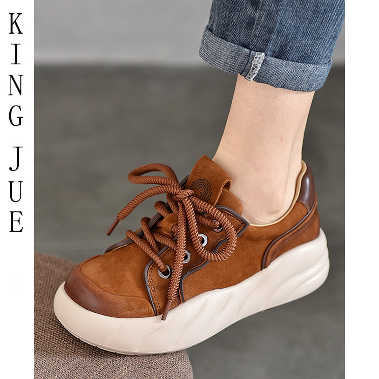 【王爵】新款真皮时尚前沿松糕鞋女低帮小众圆头厚底系带舒适女鞋