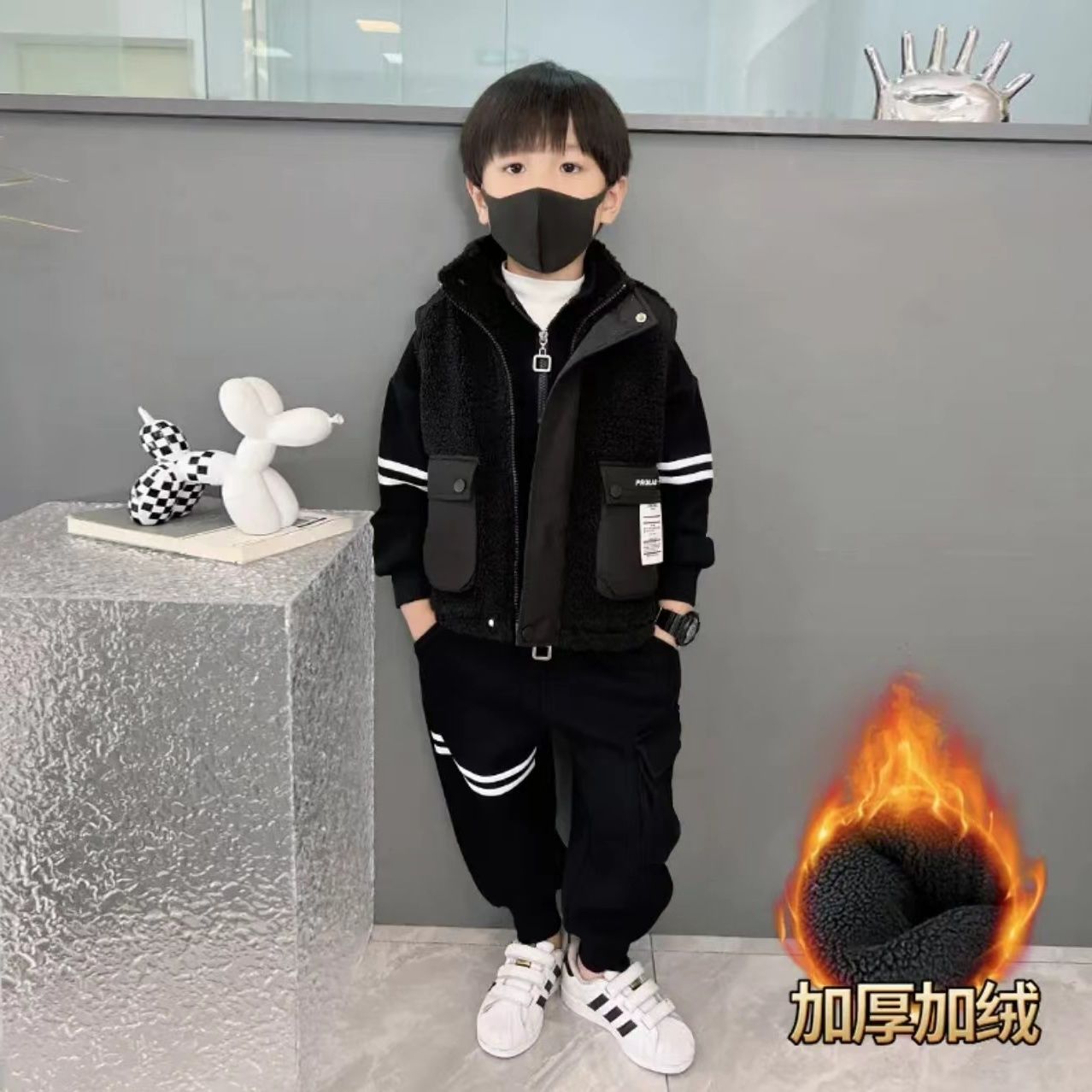 童装男童装加绒套装2024冬季新款中大儿童男孩冬装加厚马