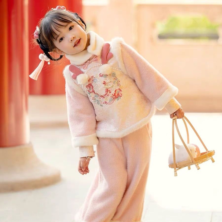 女童冬装套装加绒加厚2023宝宝汉服中国风唐装旗袍裤子新年两件套