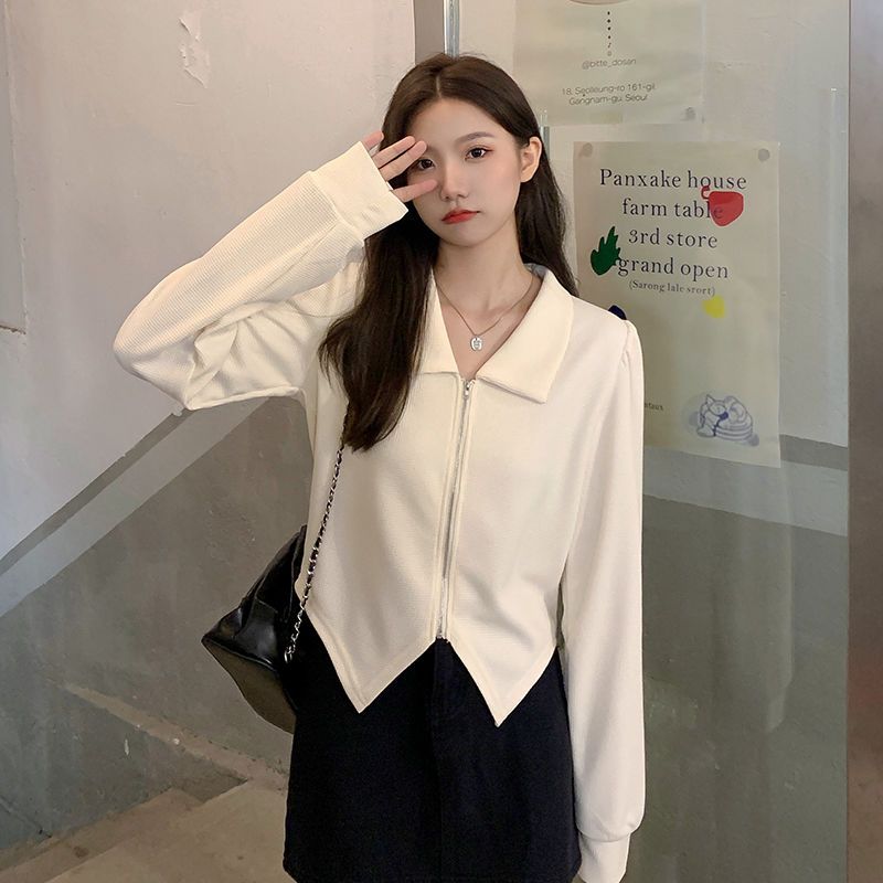 大码领正肩恤打底衫女秋装内搭不规则美式长袖短款辣妹上衣