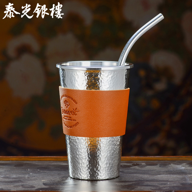泰光银楼 足银银制品 银水杯带盖带吸管可乐杯防烫杯套手工锤纹杯
