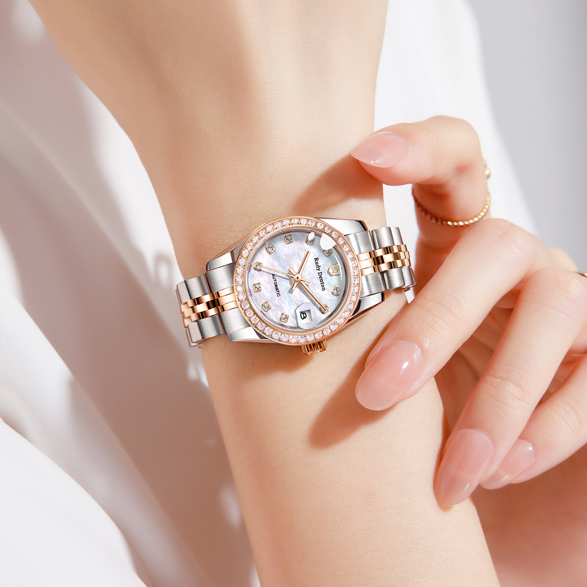 全自动机械女士手表镶钻气质百搭飞轮时尚腕表日历款-小容