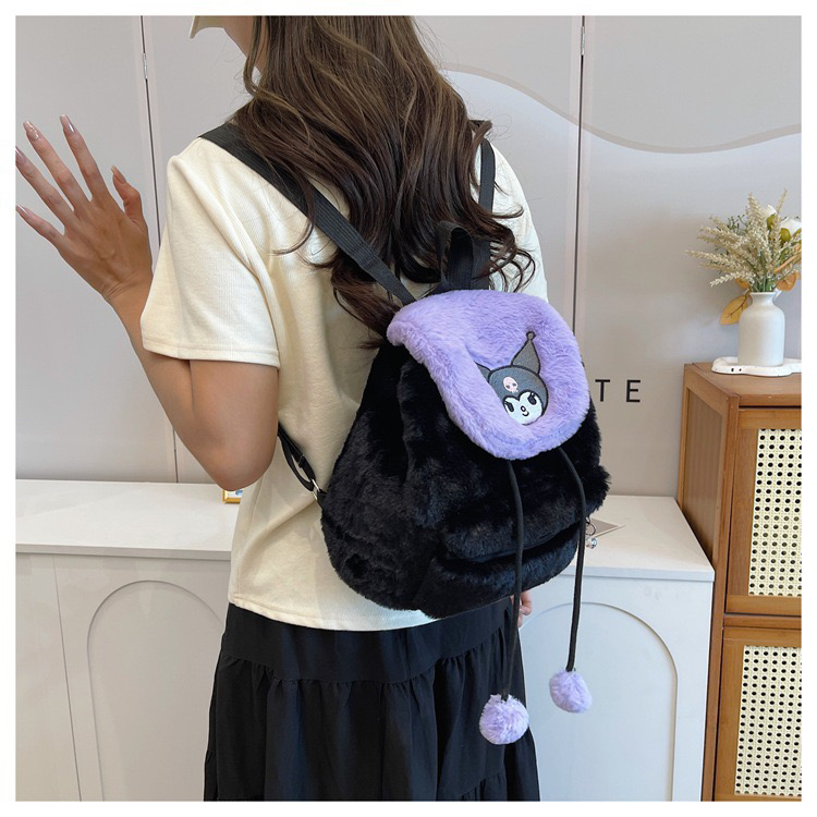 新款大容量可爱背包卡通毛绒翻盖抽绳双肩包休闲百搭女生书包