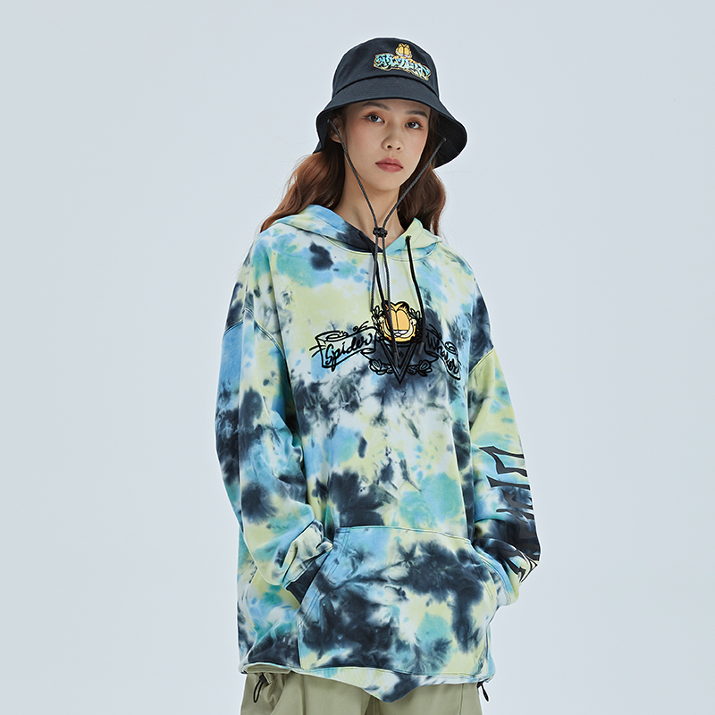 Fun潮牌卫衣女扎染ins秋冬加菲猫卡通满印时尚连帽套头外套男