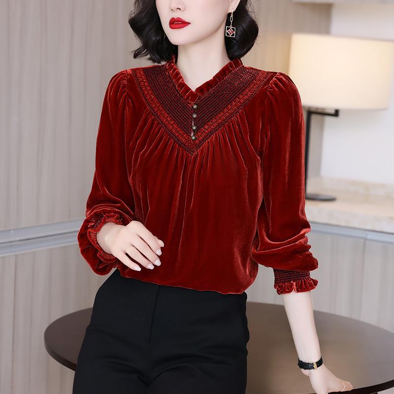 高端金丝绒上衣女设计感小众复古金丝绒衬衫女秋冬
