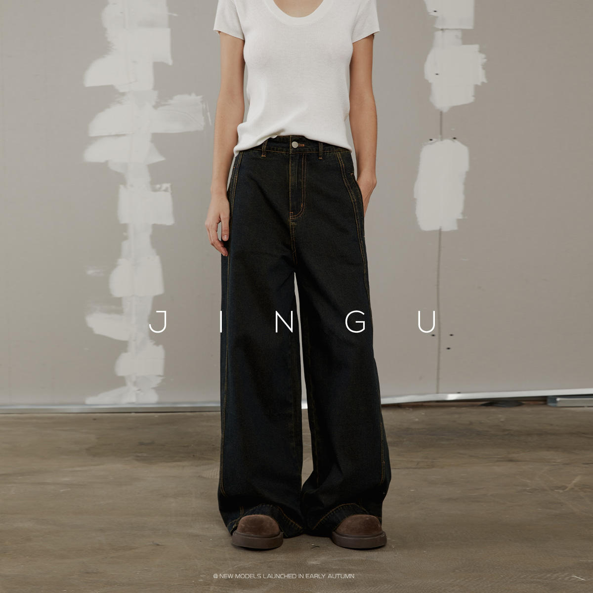 晶咕黑标12立裁分割水高腰牛仔裤显瘦美式直筒JG12230190