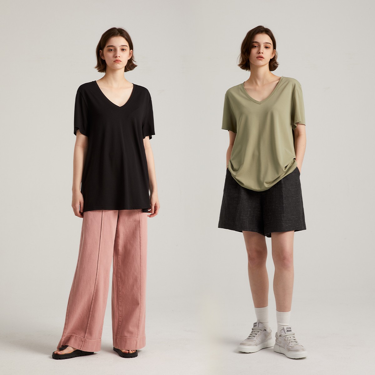晶咕黑标女装~V领宽松光泽感T恤休闲时尚舒适半袖夏季打底体恤潮