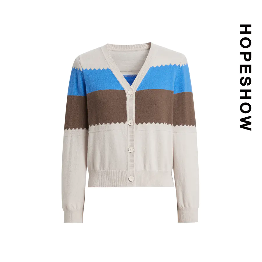 【红袖 】HOPESHOW红袖 条纹单排扣V领针织开衫 89223300104