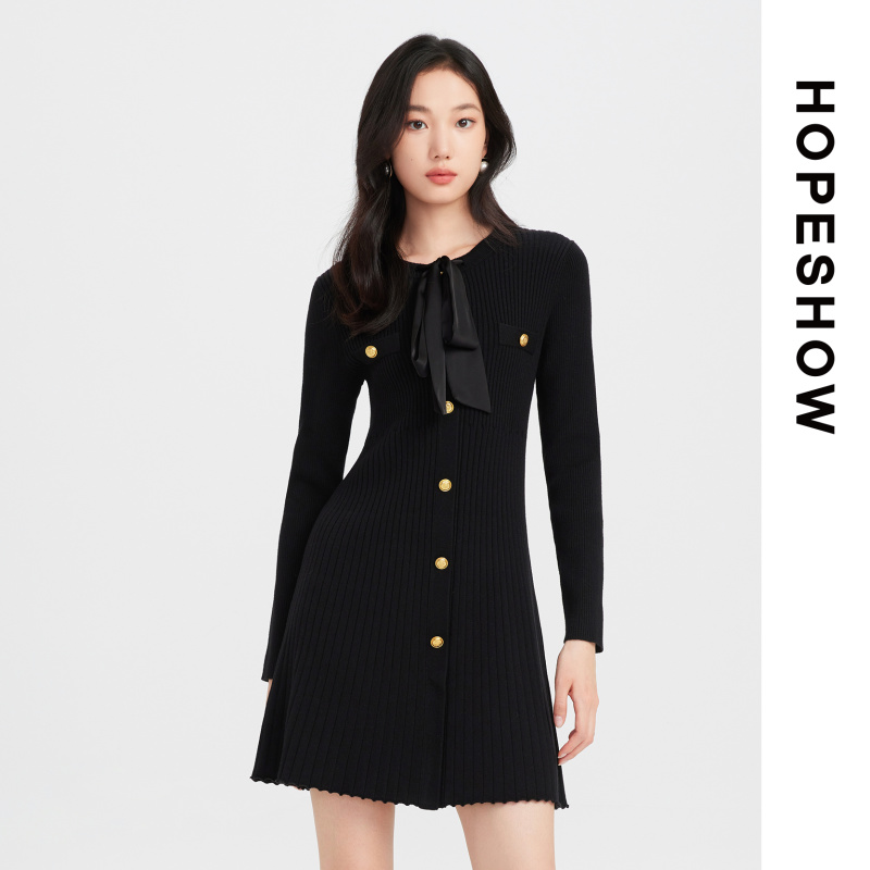 【红袖 】HOPESHOW红袖 飘带针织连衣裙 89223381601