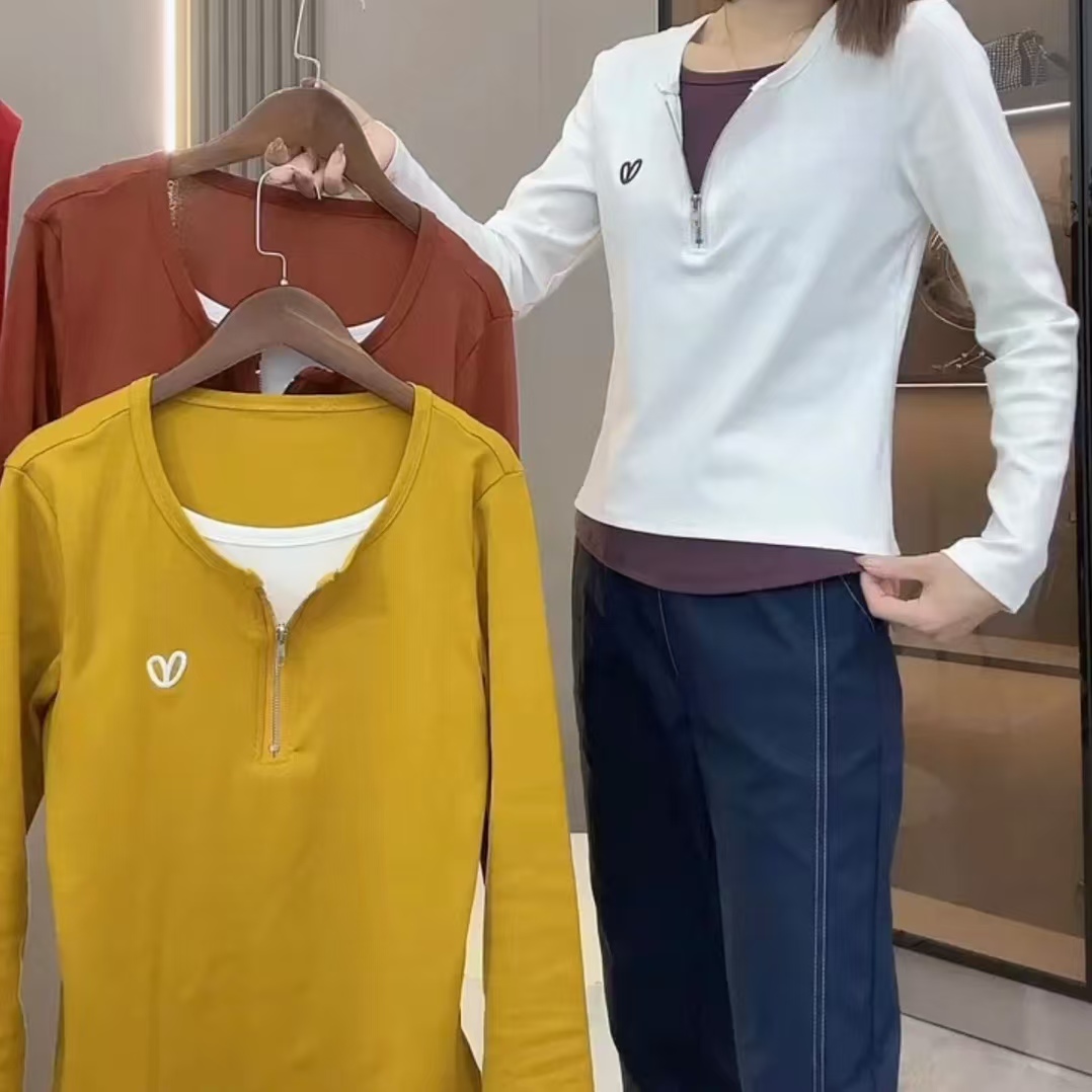 假两件设计双层拼色撞色小衫长袖打底衫百搭半拉链款时尚显瘦女