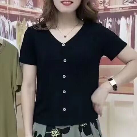 短袖T恤女夏季新款妈妈装V领修身短型上衣短款罗纹薄款高腰小衫女