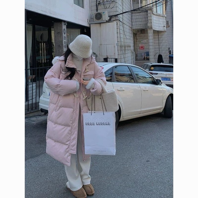 羽绒服牛角扣羽绒服女中长款冬季2023新款过膝宽松大毛领白