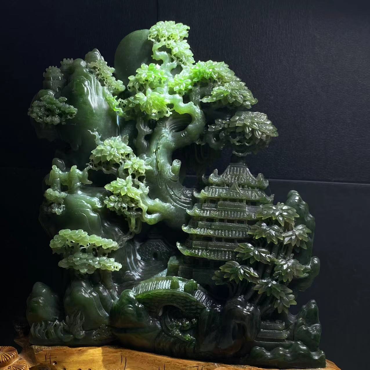 【迈越珠宝】天然和田玉碧玉精雕精美立体镂空意境山水摆件客厅摆设
