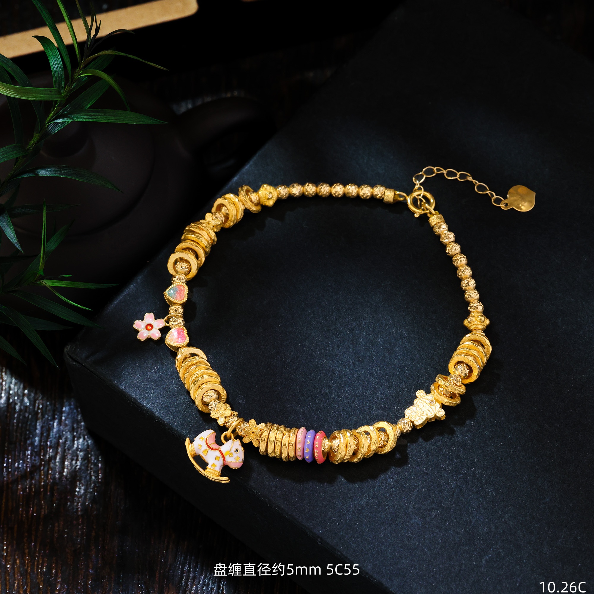 【金豆VIP】千千金||18K金豪镶财神爷木马有钱花手串菠萝爆闪盘缠C