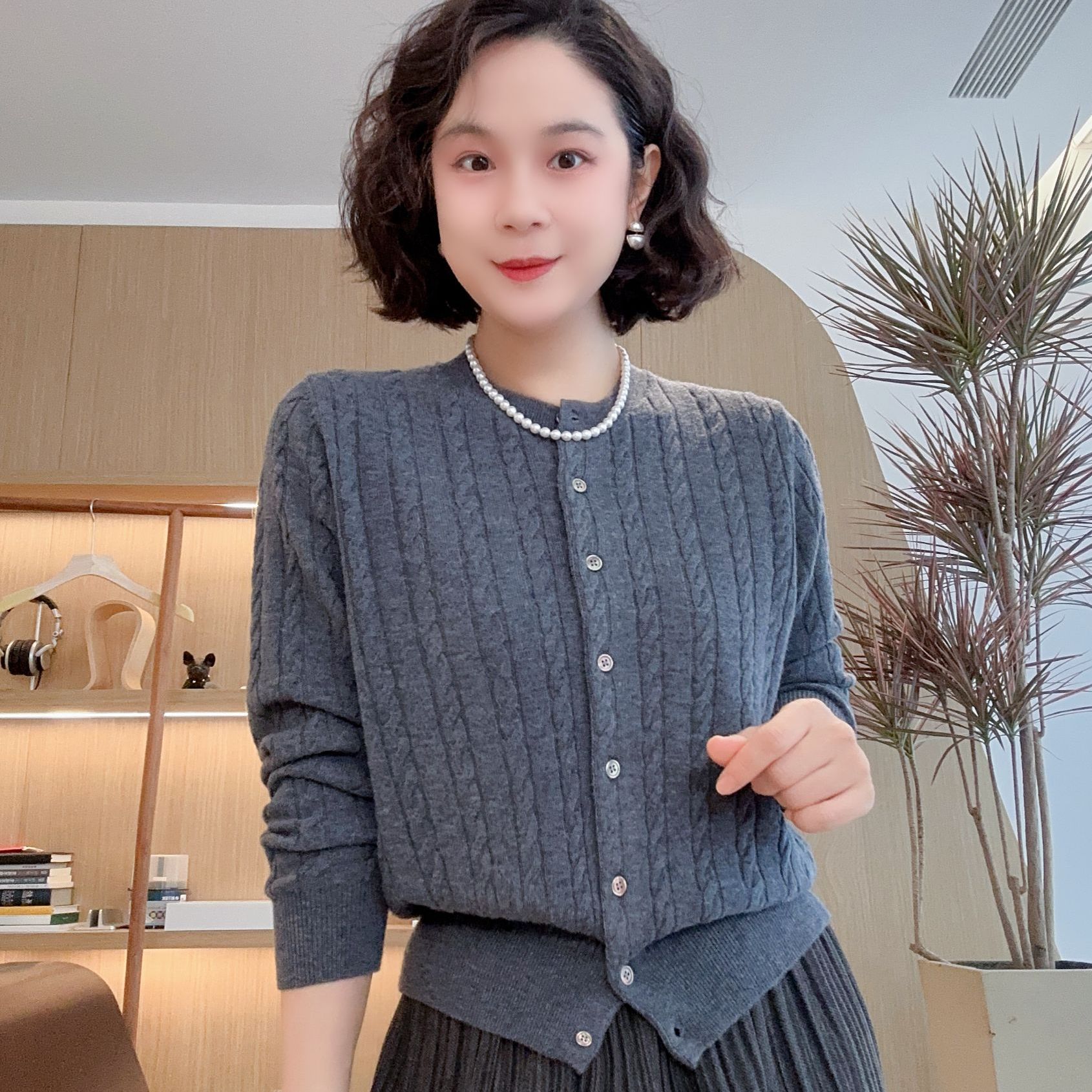 LVMU/吕木【青春年华】秋冬新款长袖针织圆领麻花开衫#DQ6292