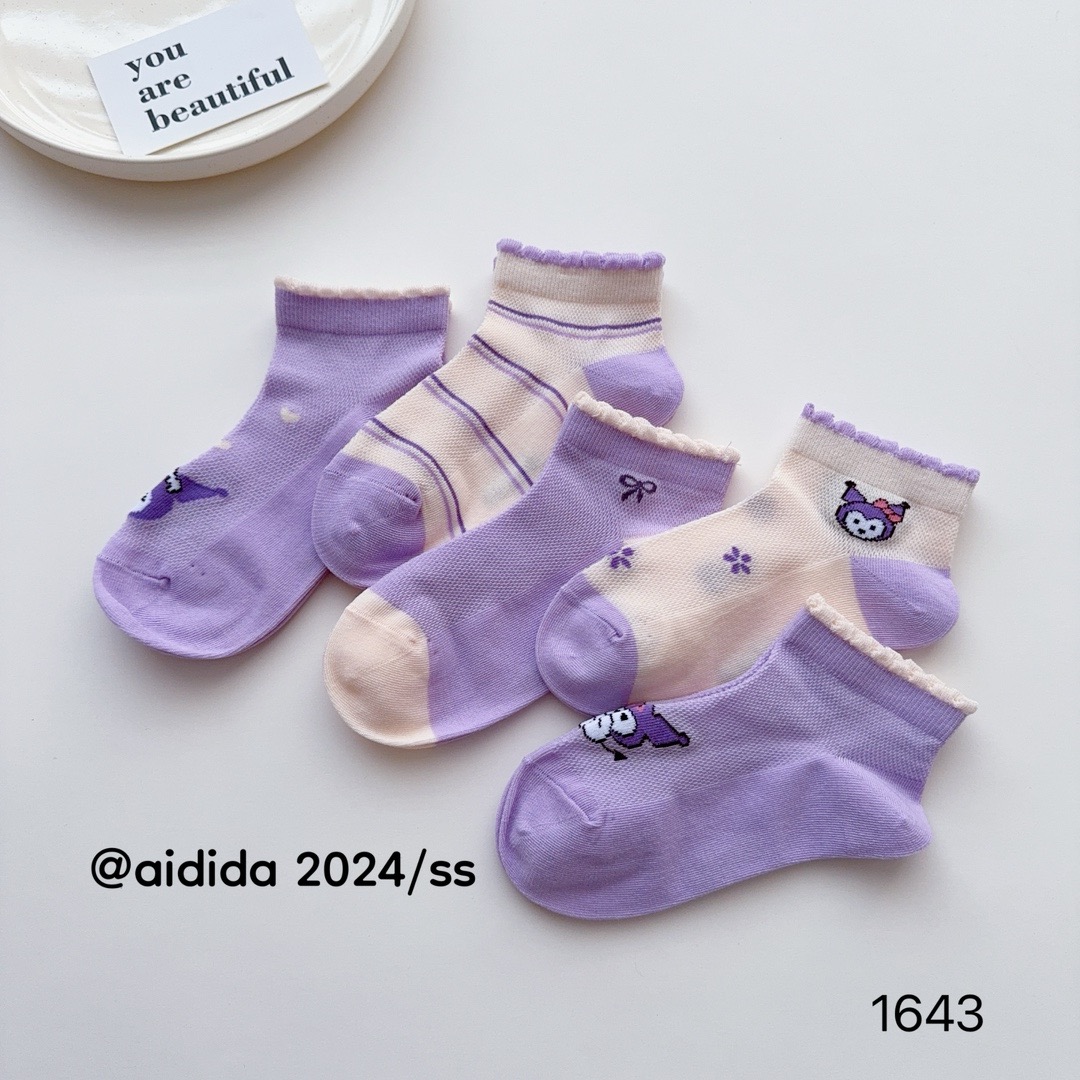 爱嘀嗒1643女童夏季薄款网眼短袜透气吸汗紫色库洛米潮袜童袜1643