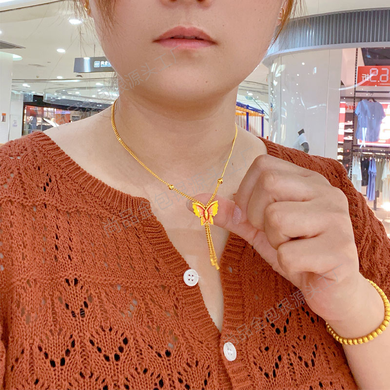 链子足银 厚包足银999蝴蝶项链珐琅烤漆女流苏套链结婚仙女素款