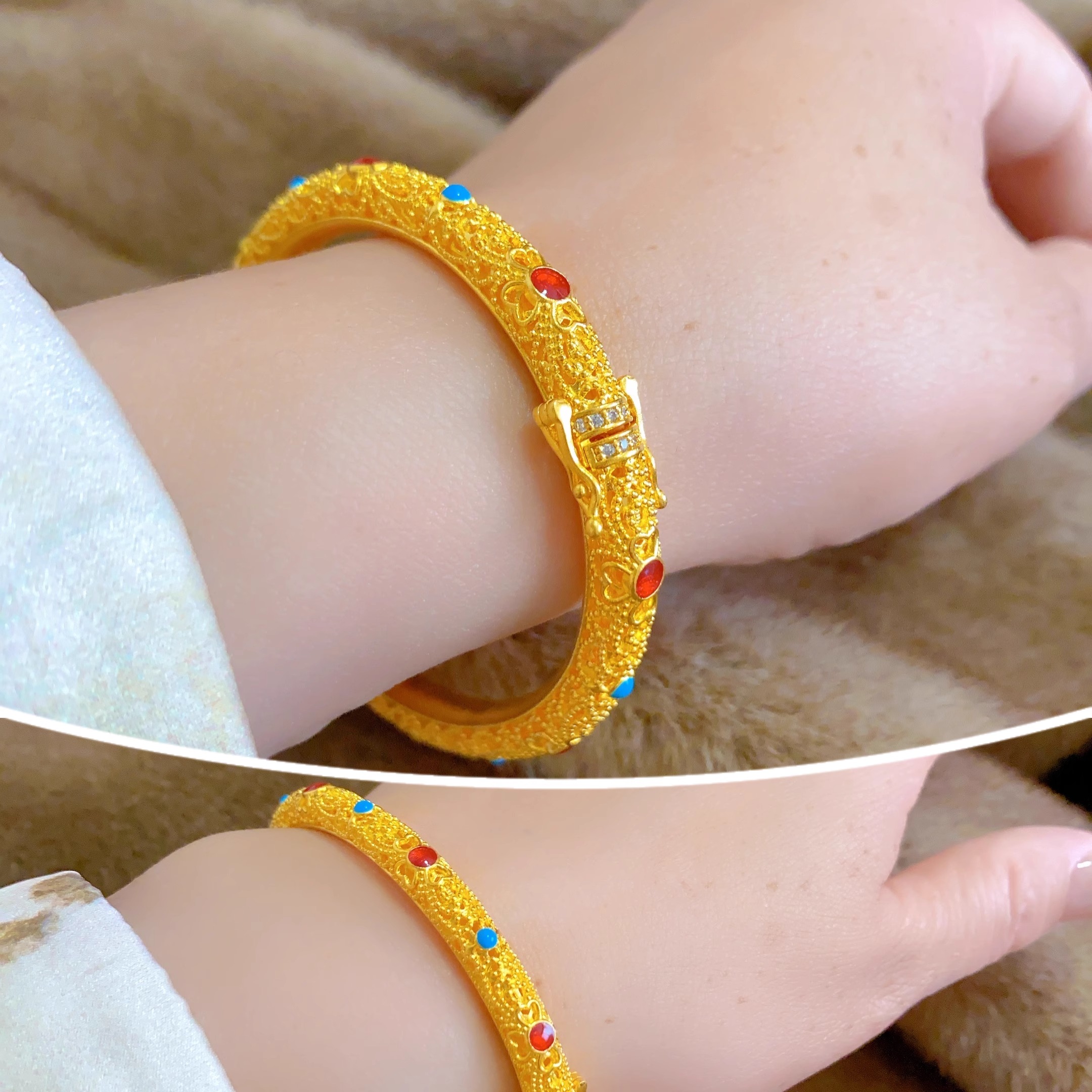 足银手镯 厚包足银手镯女贵妃镂空花丝珐琅彩卡扣轻奢气质不掉色