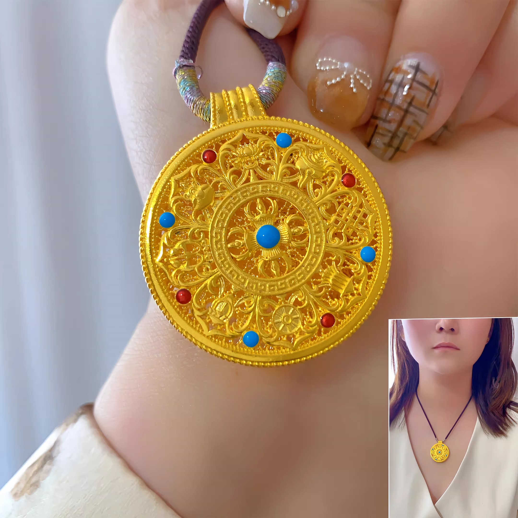 吊坠足银 吊坠女八宝罗盘专柜同款定制毛衣链花丝镂空挂坠送礼物