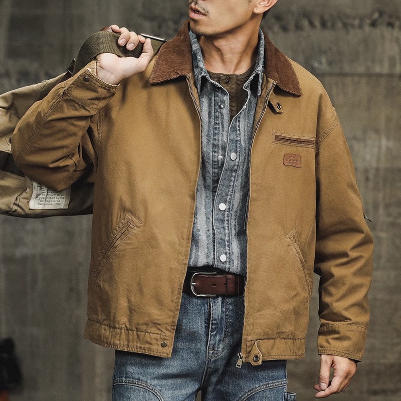 美式复古重磅卡哈特工装外套男春秋季大码宽松翻领猎装夹克男装潮