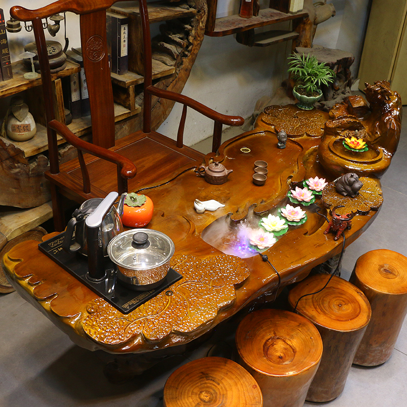 根雕茶台树根茶海实木茶几金丝楠木树头木根茶桌椅组合HC9919