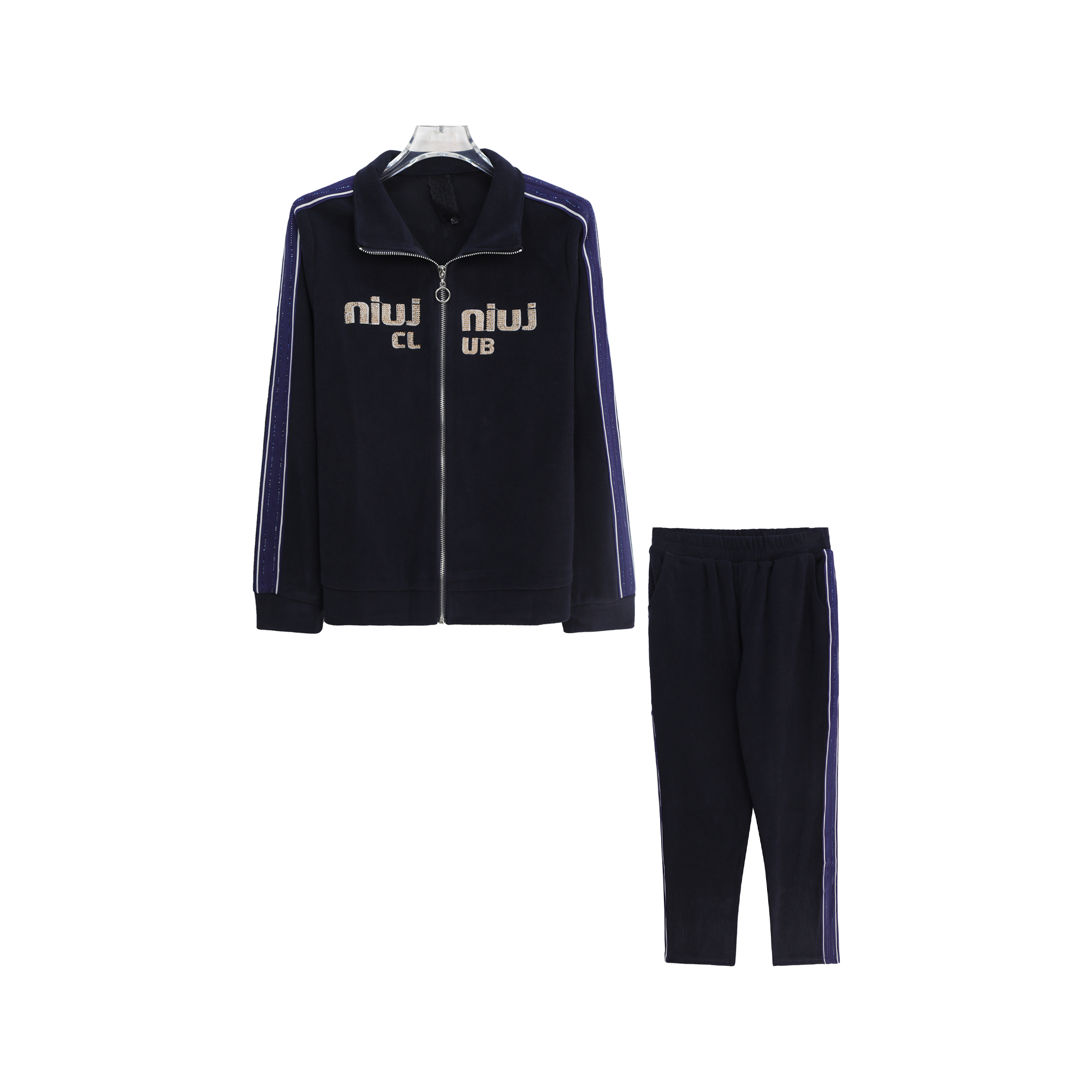 洋气减龄宽松烫钻拼接上衣纯色休闲裤套装S4149