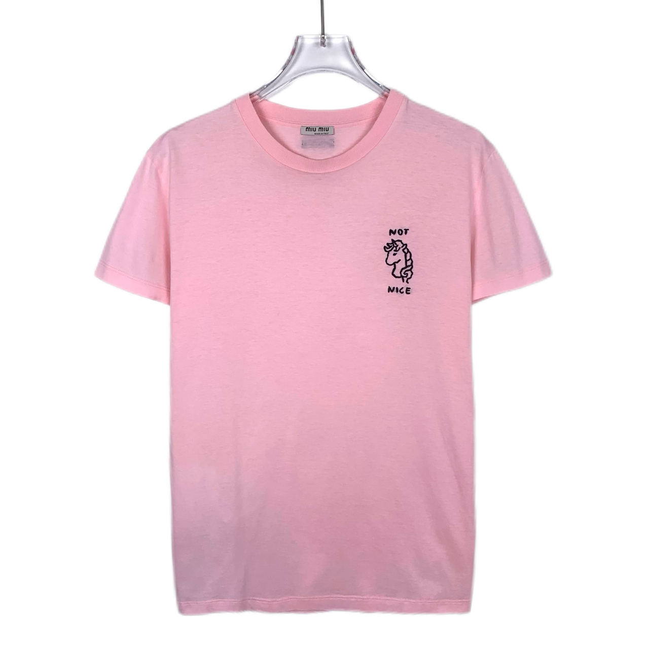 99新 MIU MIU/缪缪 013471 独角兽刺绣圆领粉色棉质短袖T恤 S码